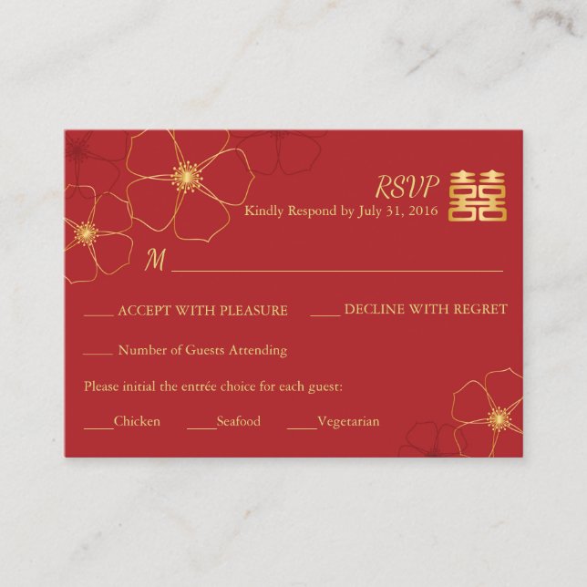 D'accompagnement Carte RSVP de mariage Red & Gold Cherry Blossoms (Devant)