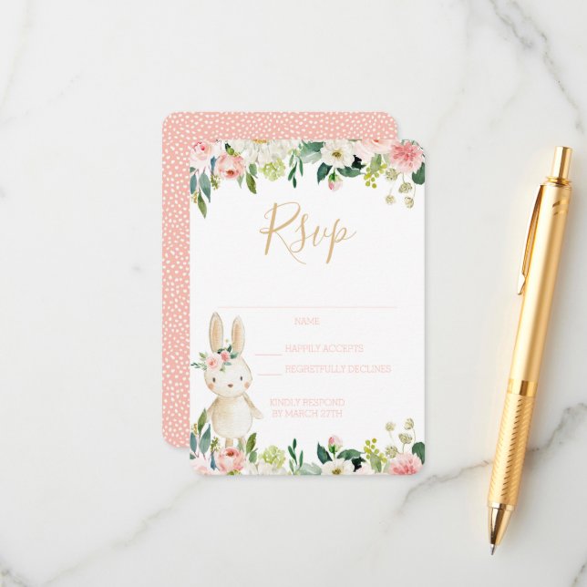 D'accompagnement Carte RSVP Quelques Blush Floral Bunny (Devant/Arrière en situation)