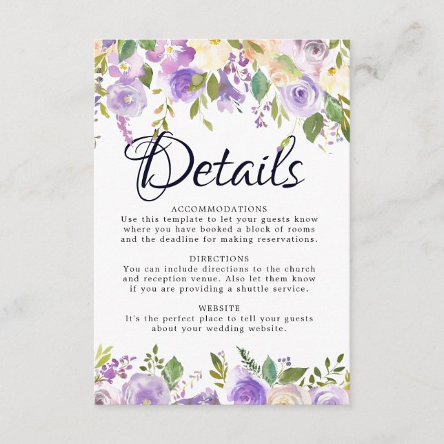 D'accompagnement Carte Rustic Purple Cream Floral Mariage Détails (Devant)