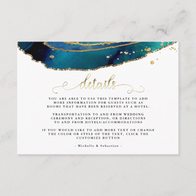 D'accompagnement Carte turquoise Watercolor Gold Agate Mariage Déta (Devant)