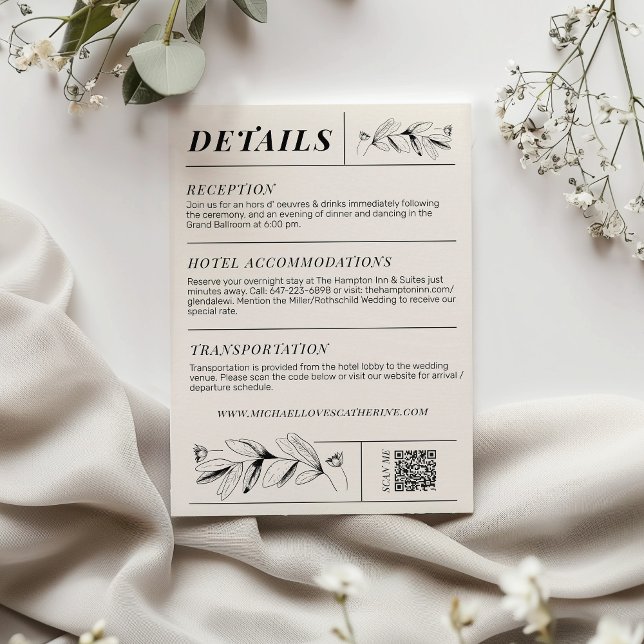 D'accompagnement Carte vintage Black & Cream Retro Mariage Détails (Vintage Black & Cream retro newspaper type botanical flowers wedding invitation details card QR code)