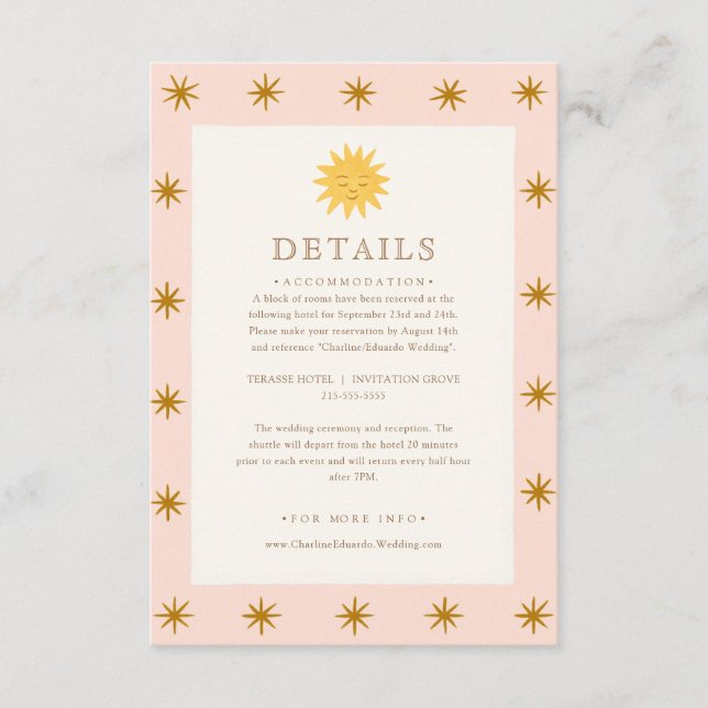 D'accompagnement Carte Whimsical Pink & Gold Sun Mariage Détails (Devant)