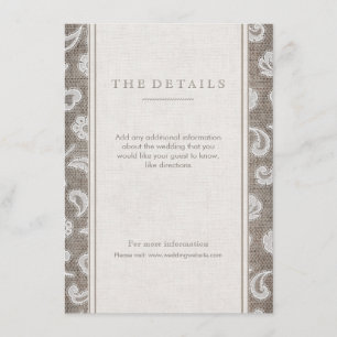 D'accompagnement Dentelle et burlap carte de détail de mariage camp