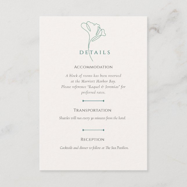 D'accompagnement Détails de l'hébergement de mariage Emerald carte (Devant)