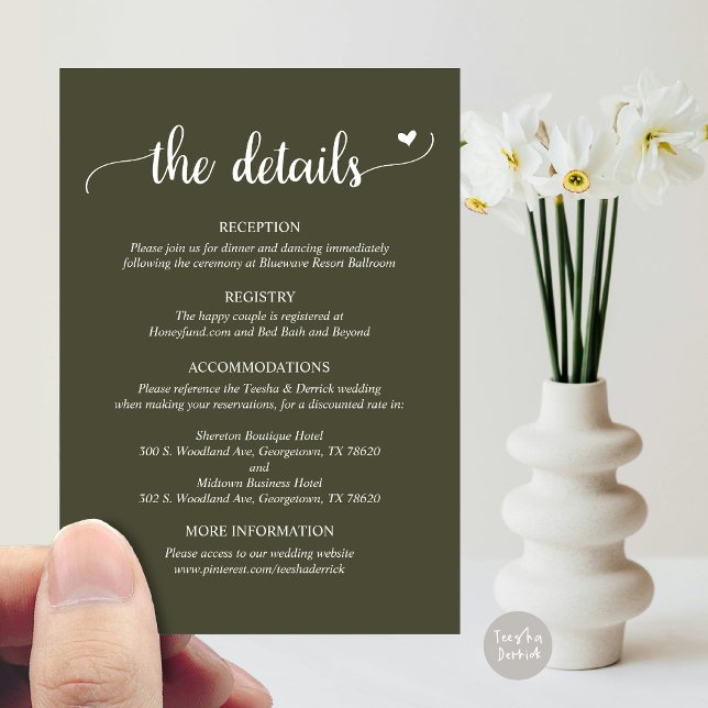 D'accompagnement Détails du mariage, carte de boîtier de script rus (Wedding Details, Rustic Script Enclosure Card, in Olive Green)