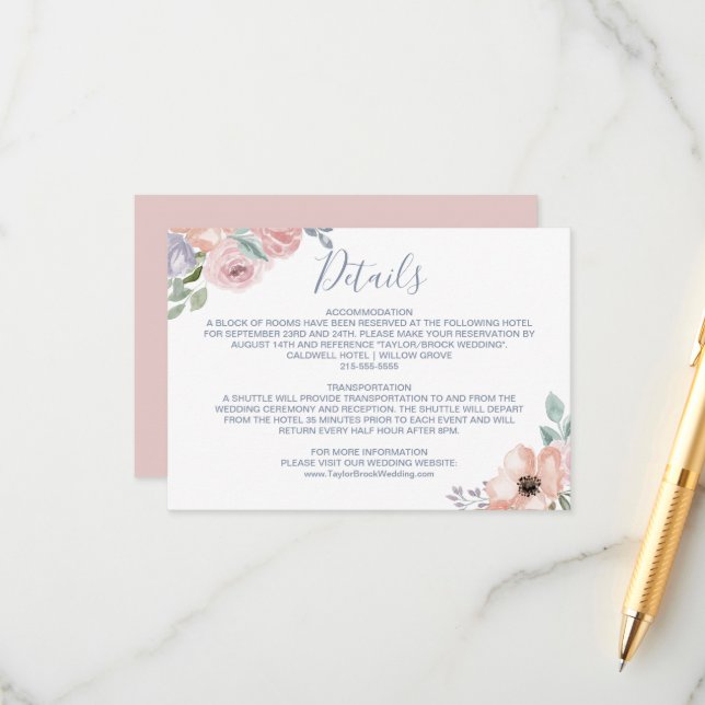 D'accompagnement Dusty Rose Florals Mariage Détails Carte (Devant/Arrière en situation)