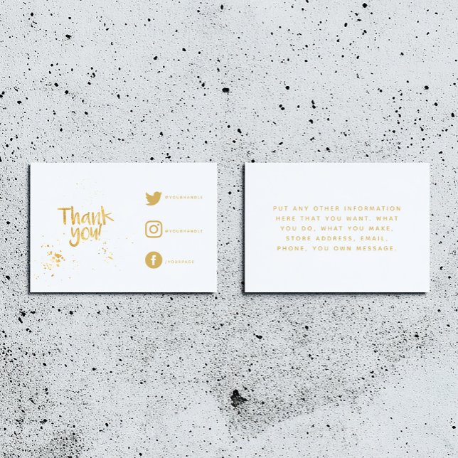D'accompagnement Effet feuille d'or merci Carte Liens sociaux (White insert card for customer orders. Thank you in fun text and social media details and message.)