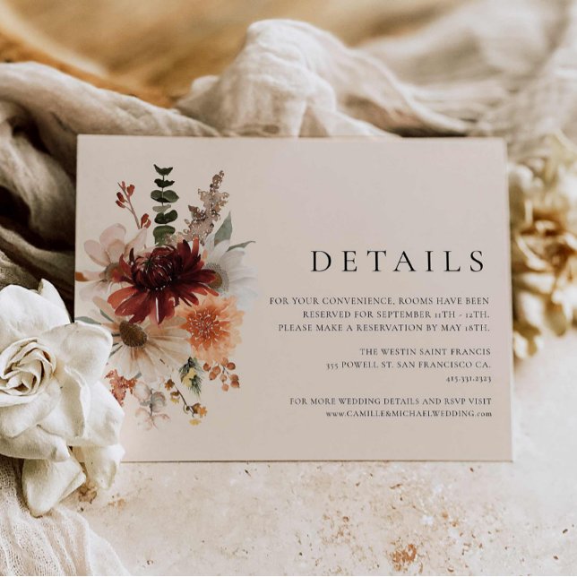 D'accompagnement Elegant Bourgogne Floral Mariage Détails Carte (Fall Wildflower Wedding Details Card)