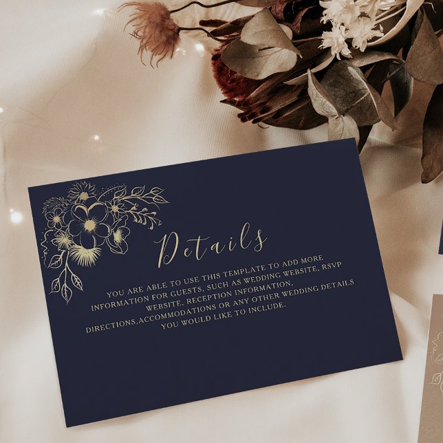 D'accompagnement Elegant Gold Floral Navy Mariage Détails Carte (Créateur téléchargé)