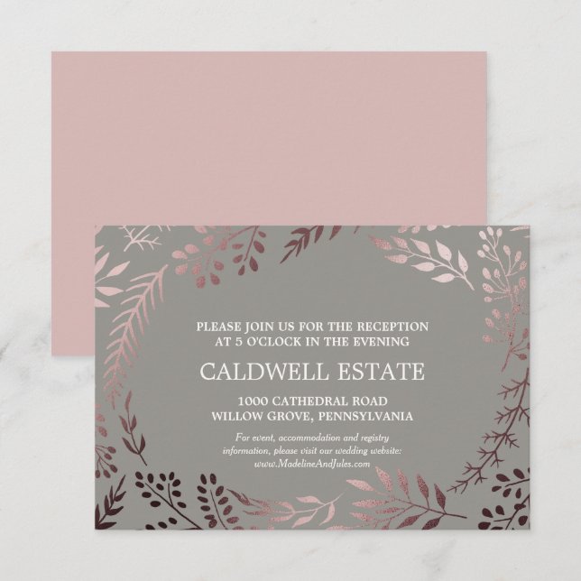 D'accompagnement Elégant Rose Gold & Grey Mariage Carte de réceptio (Devant / Derrière)