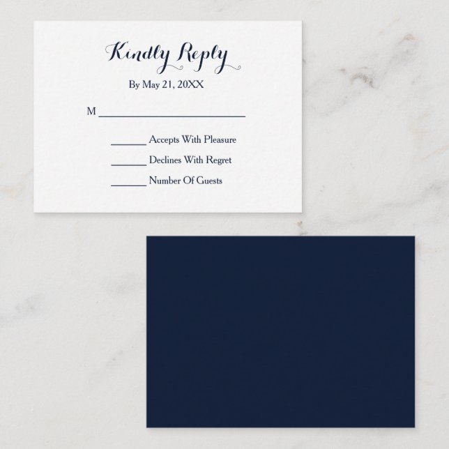D'accompagnement Élégant Script Navy bleu blanc carte RSVP (Devant / Derrière)