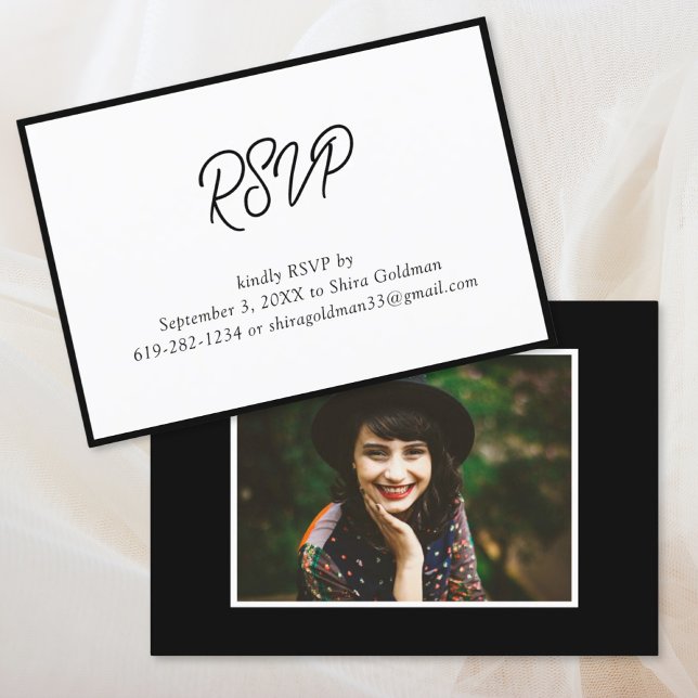 D'accompagnement Elégante carte photo Bat mitzvah noir et blanc RSV (Elegant Black & White Bat Mitzvah Photo RSVP Card
)