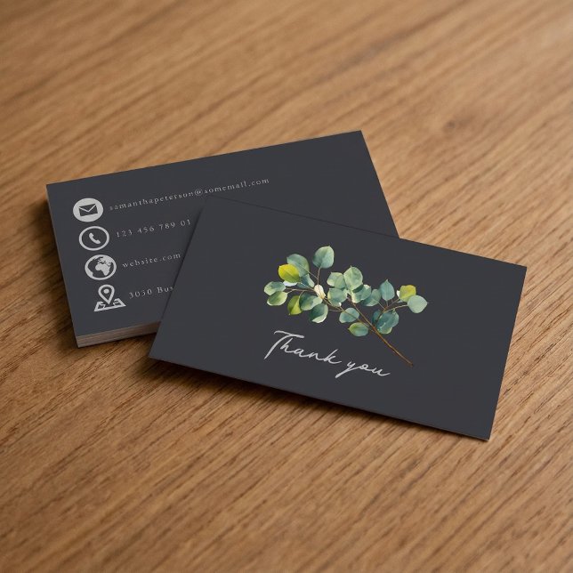 D'accompagnement Eucalyptus branche vert foncé merci insérer carte (Eucalyptus branch dark green thank you insert card with silver grey hand style script bold icons.)