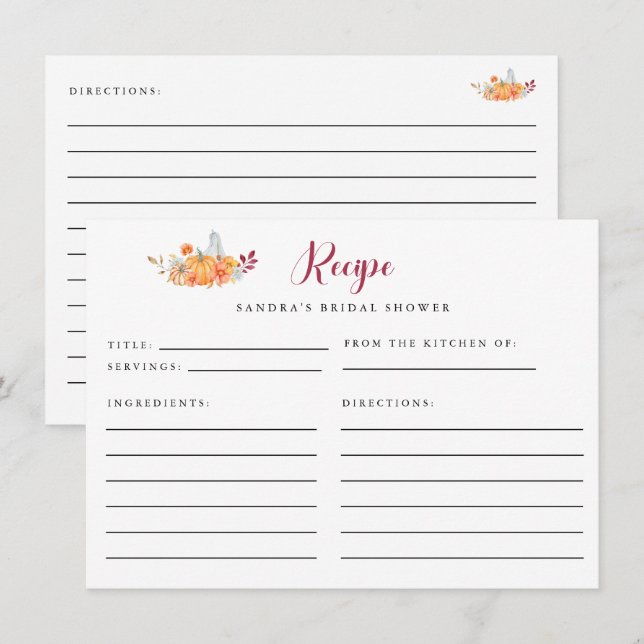 D'accompagnement Fête des mariées Recette Carte Citrouille Automne  (Devant / Derrière)