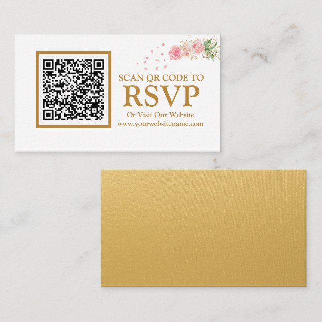 D'accompagnement Floral Gold QR Code RSVP Site Web Carte de boîtier (Devant / Derrière)