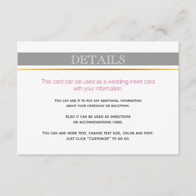 D'accompagnement Gris blanc rayures or, rose mariage insert carte (Devant)