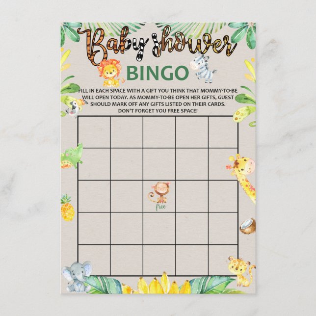 D'accompagnement Jungle Safari Animaux Baby shower Bingo Carte de j (Devant)
