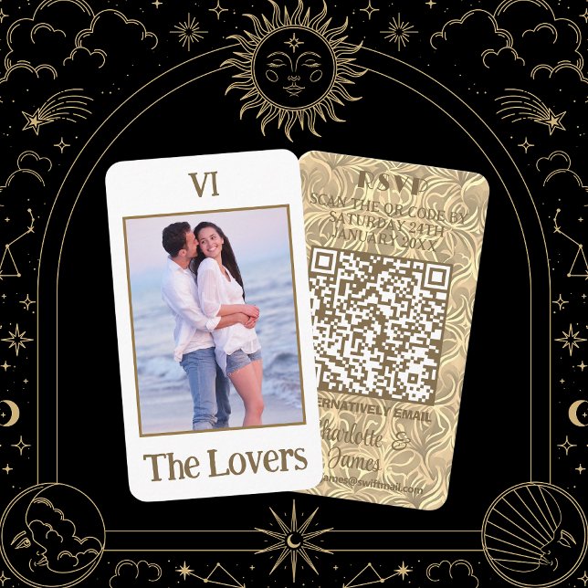 D'accompagnement La carte photo Tarot Lovers | Gold QR Code RSVP (Front And Back)