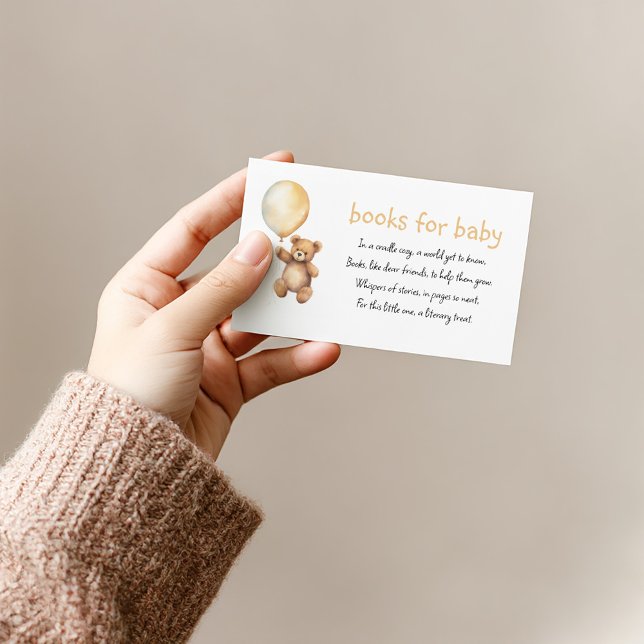 D'accompagnement Livres pour bébé mignon en peluche demande carte d (Teddy bear with gold balloon and “books for baby” poem on white card.)