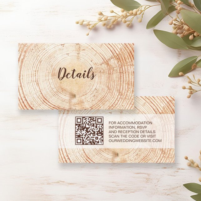 D'accompagnement Mariage Rustique Carte de détails avec code QR per (Details enclosure card with wedding website QR code, wood texture background.)
