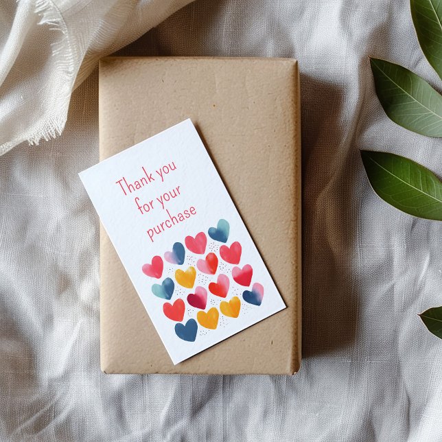 D'accompagnement Merci pour votre achat carte d'insertion coeur amo (Thank you customer insert card with colorful hearts on kraft gift box.)