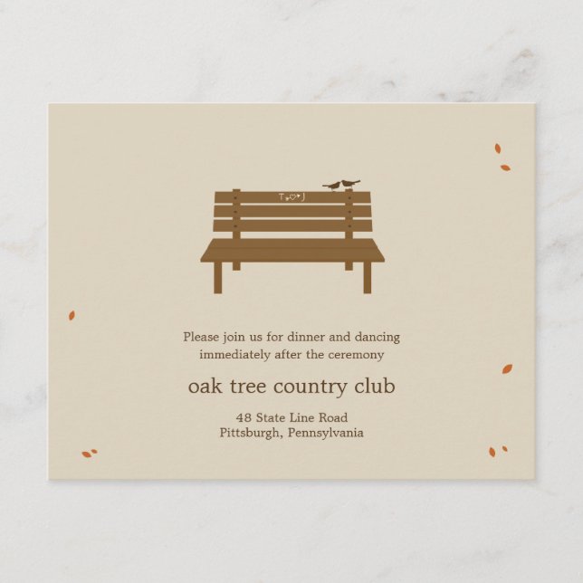 D'accompagnement Notre carte de réception de mariage sur banc (Devant)