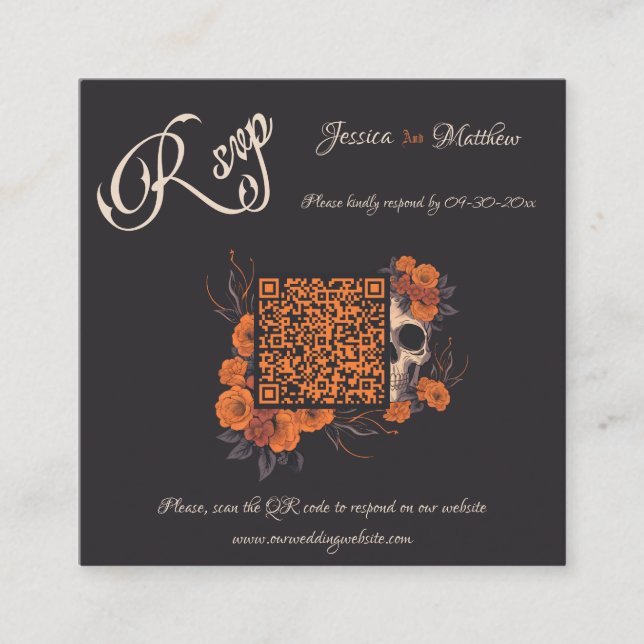 D'accompagnement Orange Fleurs Élégant Code QR minimal carte RSVP (Devant)