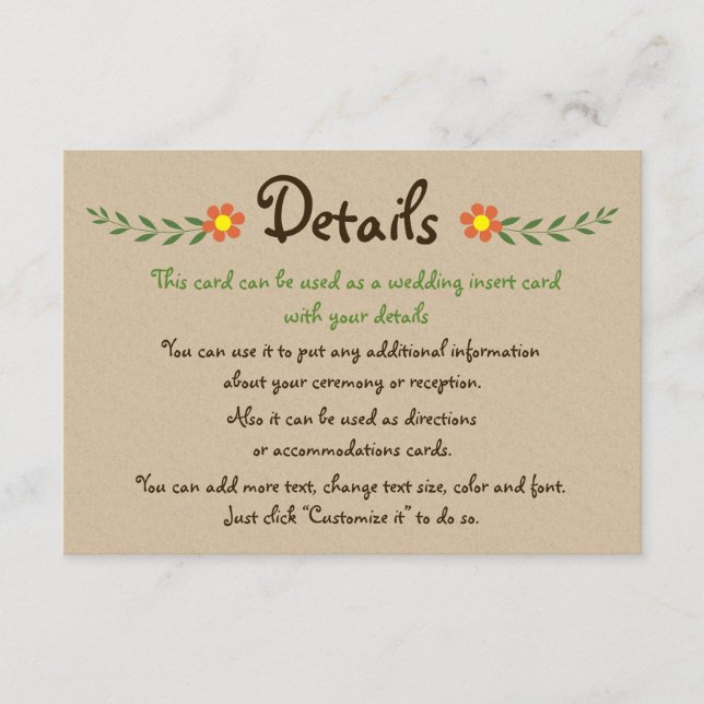 D'accompagnement Orange fleurs kraft détails mariage insérer carte (Devant)