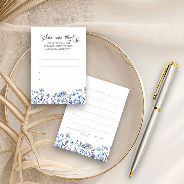 D'accompagnement Où Étaient-Ils Blue Fleur sauvage Floral Carte de  (Where were they? guessing game answer cards from my Blue Wildflower Bridal Shower Collection
)