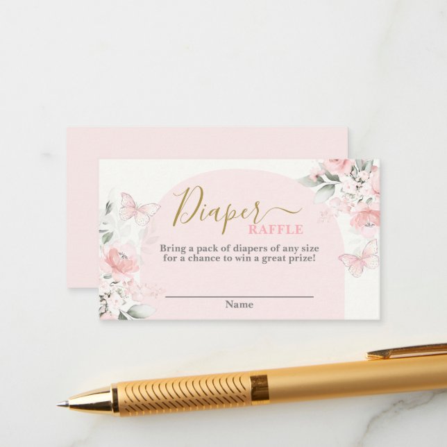 D'accompagnement Papillon baby shower fille Diaper Carte Raffle (Devant/Arrière en situation)