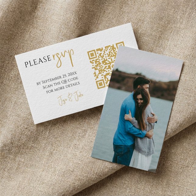 D'accompagnement Photo complet, code QR or carte de réponse blanche (Full photo, gold QR code white wedding RSVP Enclosure Card.)