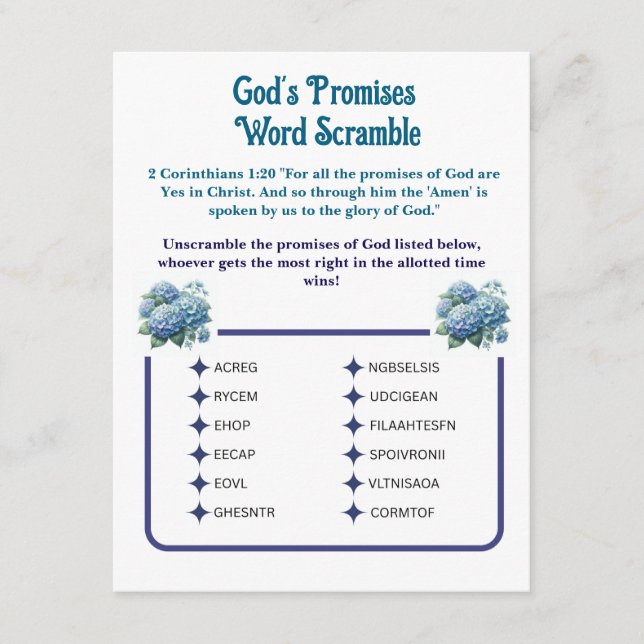 D'accompagnement Promesses de Dieu Word Scramble Carte de jeu (Devant)