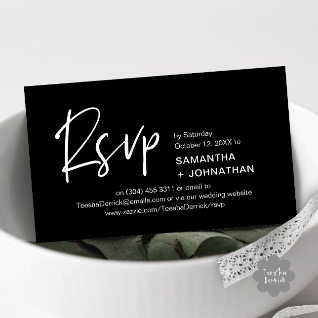D'accompagnement Réponse RSVP pour un mariage moderne Carte de rapp (Kindly RSVP Modern Minimalist Wedding Dinner Invites Reminder Enclosed Card Phone Email Classy Black)