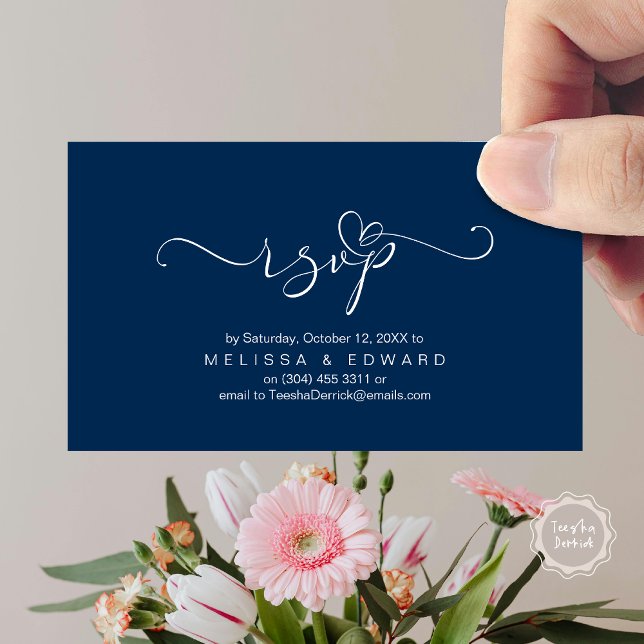D'accompagnement Romantique Mariage RSVP Diner Carte d'invitation (Romantic Wedding RSVP Dinner Invitation Card, Modern Online Phone, Email, Website, Reminder, Navy )