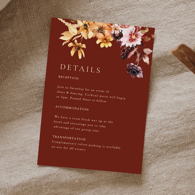D'accompagnement Rustic Fall Floral Bourgogne Mariage Détails Carte (Créateur téléchargé)