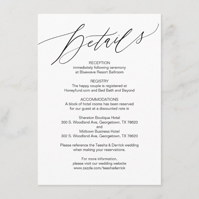 D'accompagnement Script moderne, noir, Mariage Détails Carte (Devant)