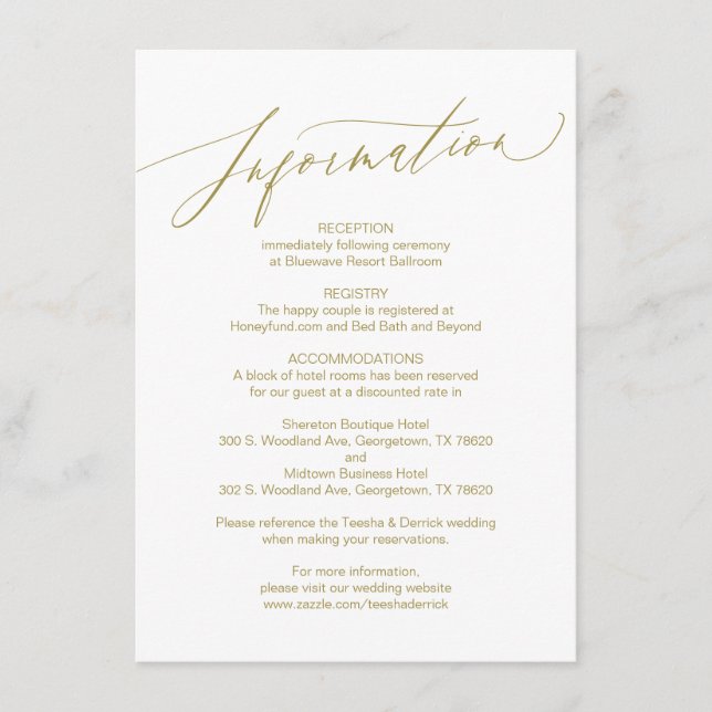 D'accompagnement Script moderne, Or, Carte d'information Mariage (Devant)