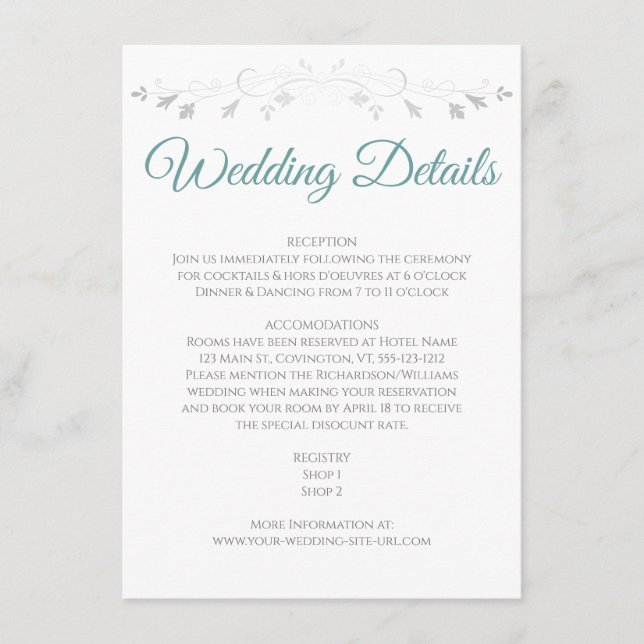 D'accompagnement Turquoise & Grey Elegant Wedding Details Carte de  (Devant)
