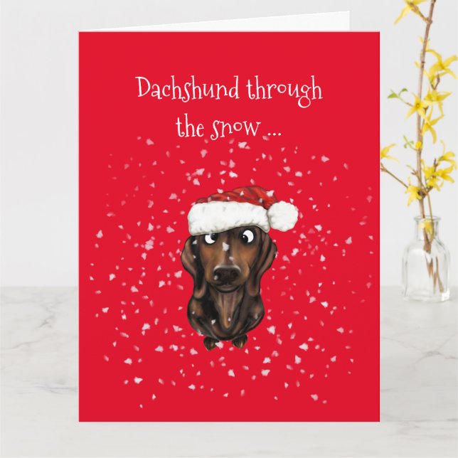 Dachshund à travers la neige ... Carte de Noël (Fleur jaune)