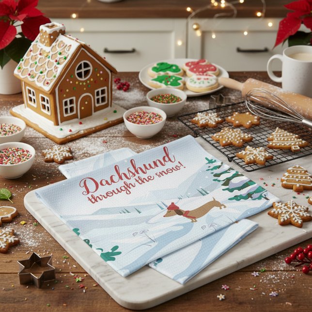 Dachshund à travers la neige serviette de Noël (Dachshund through the snow kitchen dish towel - hostess gift or white elephant gift)