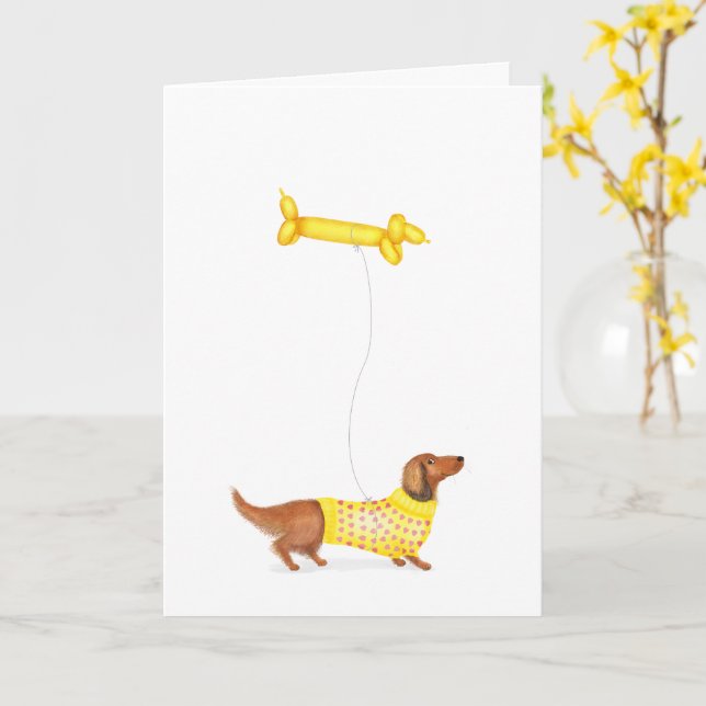 Dachshund avec saucisse chien ballon carte d'anniv (Fleur jaune)