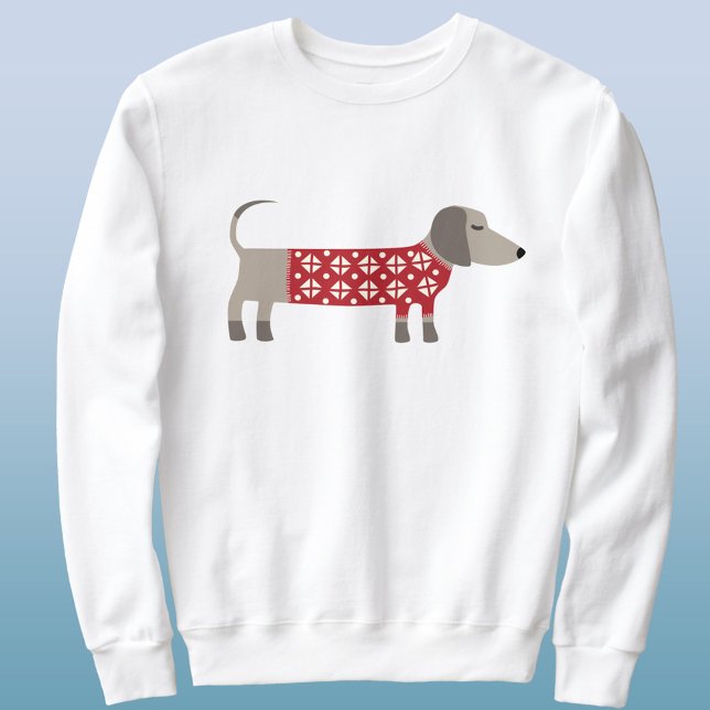Dachshund Chien Fun Sweat de Noël (Unisex sweatshirt featuring a Dachshund Sausage or Wiener dog in festive red and white knitwear)