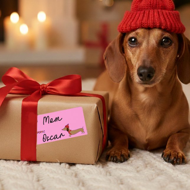 Dachshund Christmas Sticky Cadeau Tags Étiquette (Pink dachshund gift tags - Christmas)