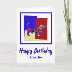 Dachshund/ Daxie Chien Rouge Bleu Jaune Carte d'an