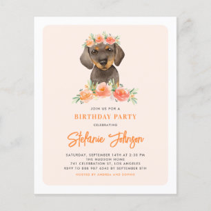 Dachshund et Peach Flowers Anniversaire Invitation