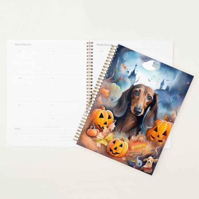 Dachshund Halloween avec citrouilles effrayant (Devant avec enveloppe)