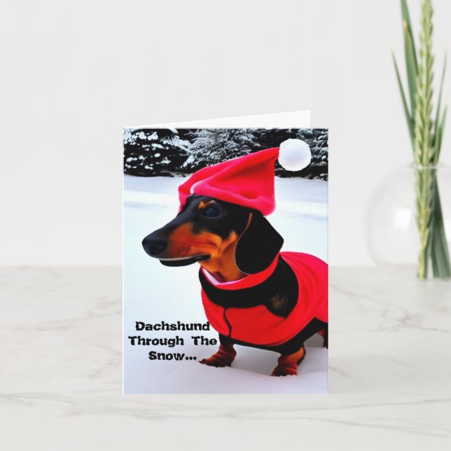 Dachshund Par La Neige. Carte de Noël (Devant)