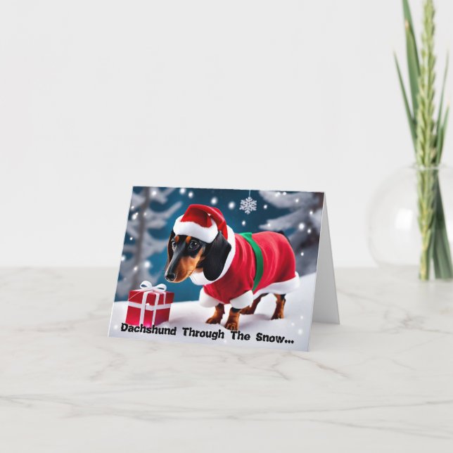 Dachshund Par La Neige... Carte de Noël (Devant)