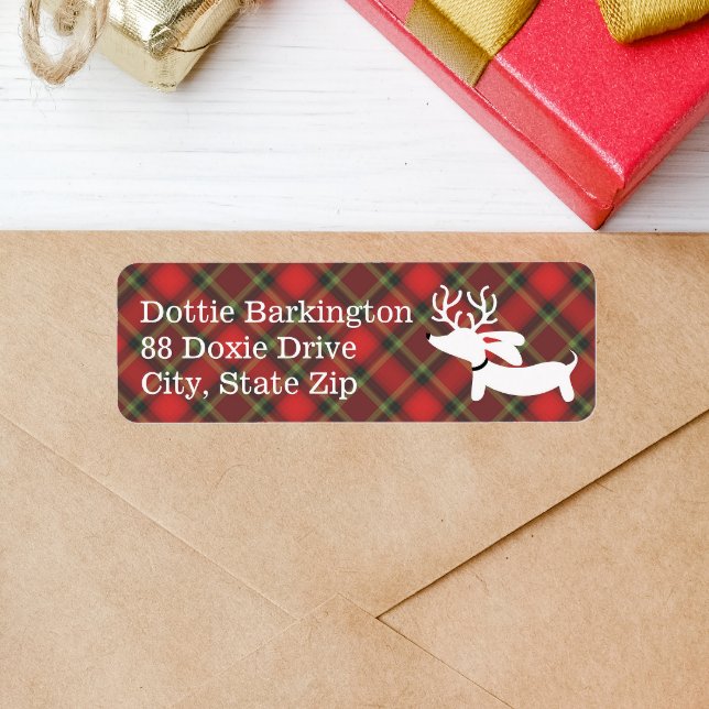 Dachshund Reindeer Plaid Étiquettes de adresse de  (Plaid dachshund Christmas card address label)
