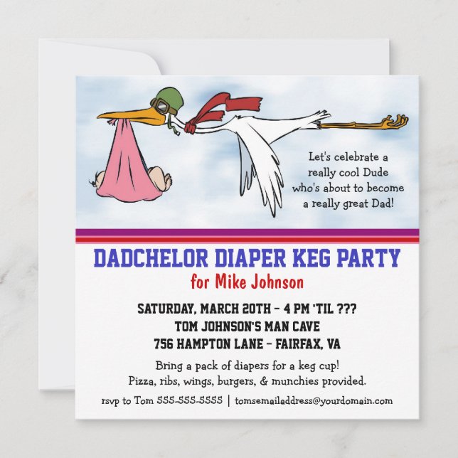 Dadchelor Diaper Keg New Dad Cute Stork Invitation (Devant)